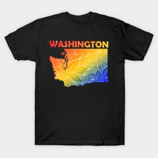 Colorful mandala art map of Washington with text in blue, yellow, and red T-Shirt